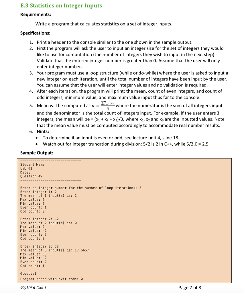 Solved E.3 Statistics on Integer Inputs Requirements Write a | Chegg.com