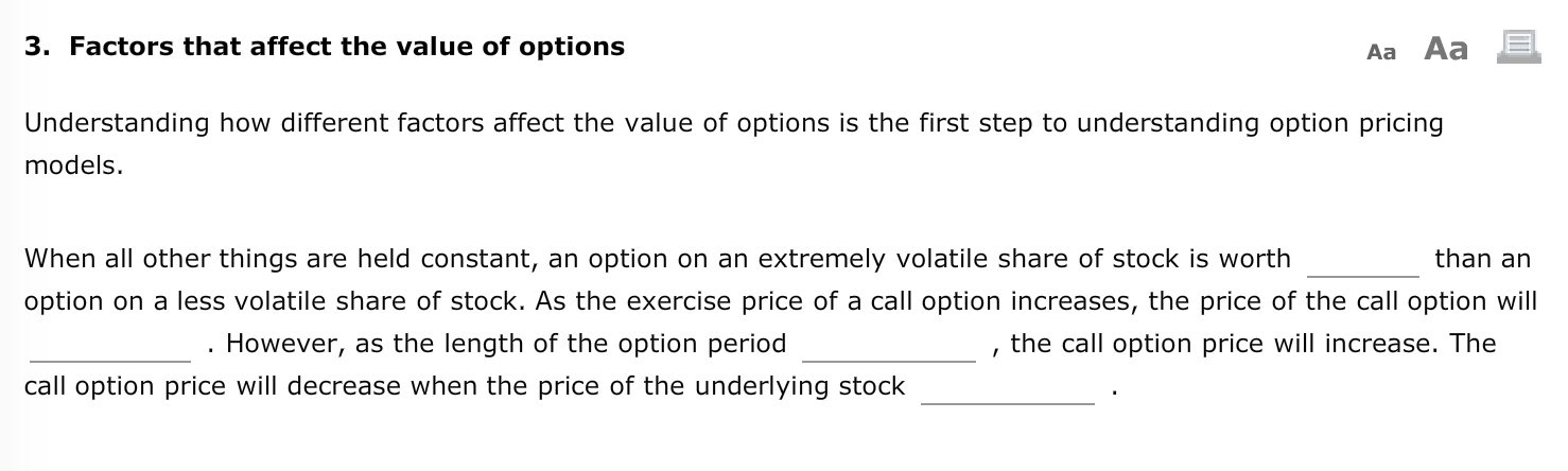 Solved 3. Factors that affect the value of options Aa Aa | Chegg.com
