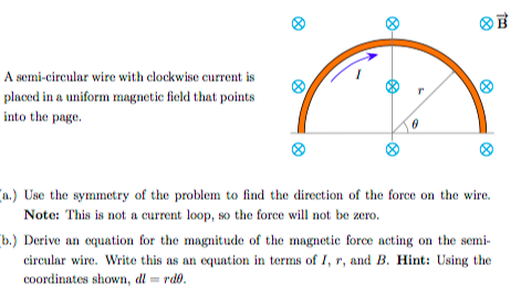 Solved A semi-circular wire with clockwise current is placed | Chegg.com