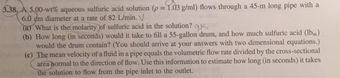 Solved A 5.00-wt% aqueous sulfuric acid solution (rho = 1.03 | Chegg.com