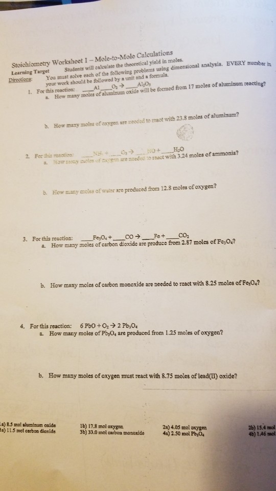 Solved Stoichiometry Worksheet 1 Mole to Mole Calculations Chegg