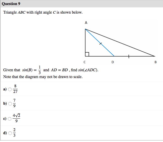 Solved Question 9 Triangle ABC with right angle C is shown | Chegg.com