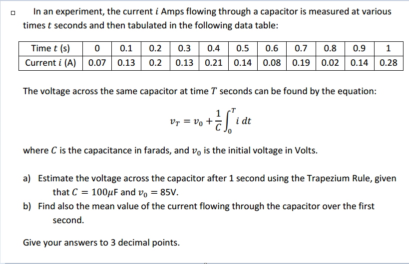 Solved In an experiment, the current i Amps flowing through