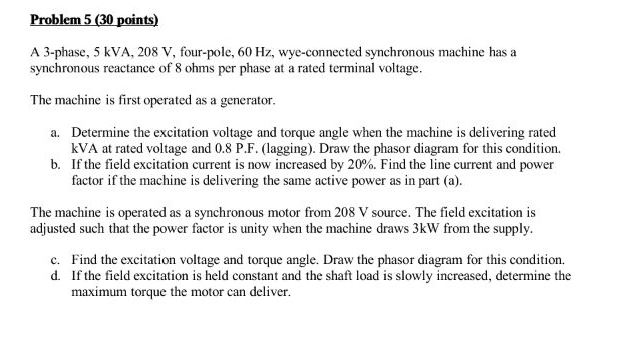 Solved A 3-phase, 5 kVA, 208 V, four-pole, 60 Hz, | Chegg.com