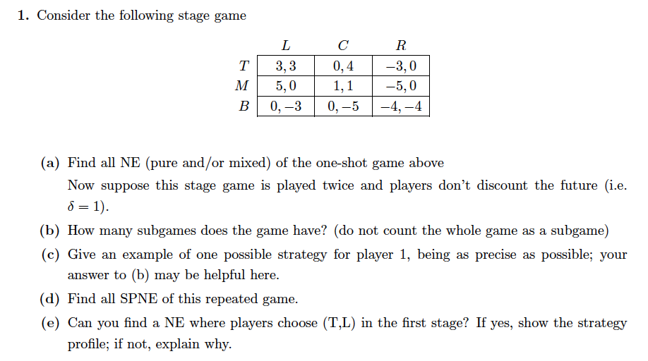 Solved 1. Consider the following stage game 3,0 5,0 0,4 T3,3 | Chegg.com