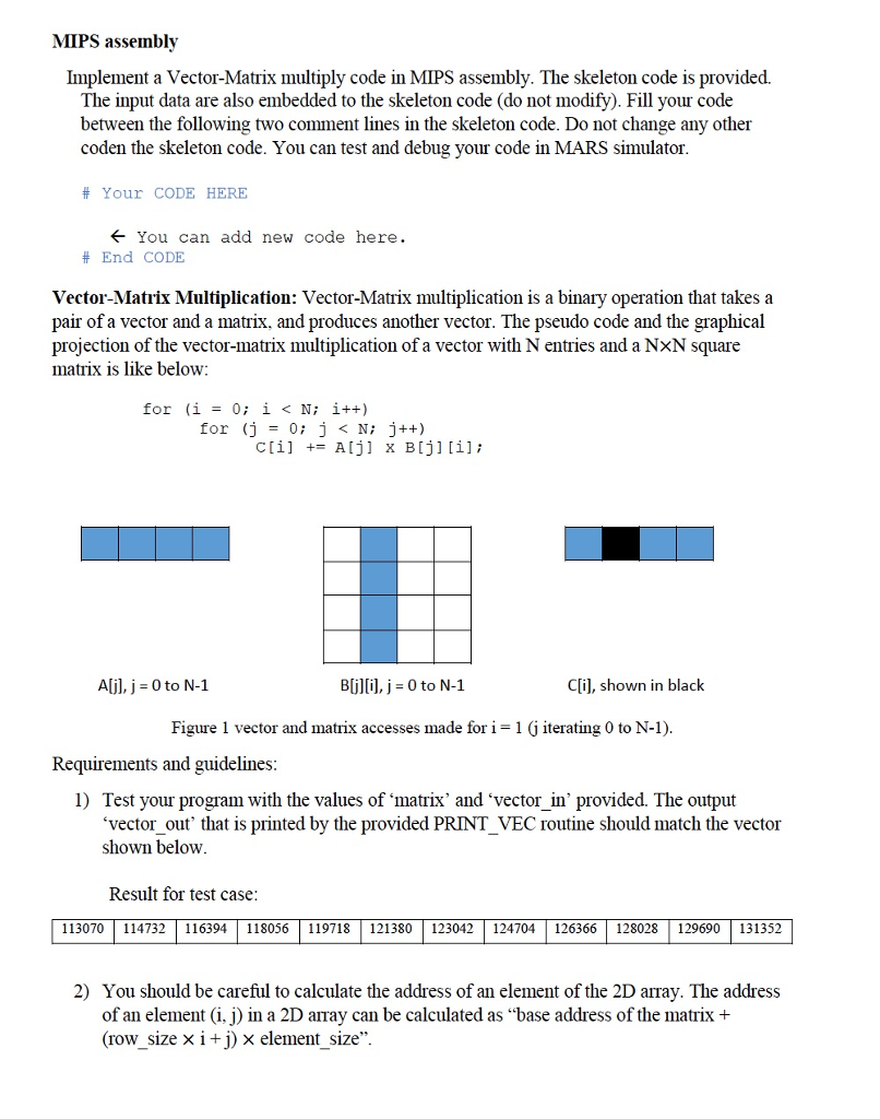 MIPS assembly Implement a Vector-Matrix multiply code | Chegg.com