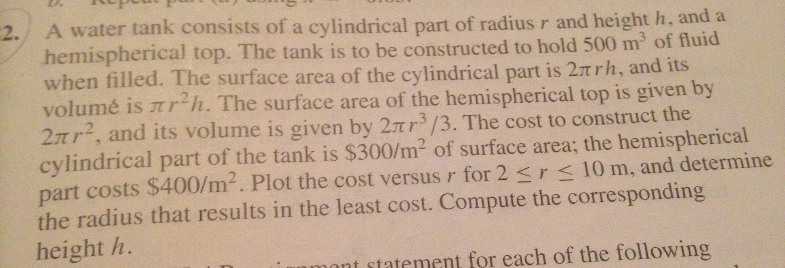Solved A water tank consists ot a cylindrical part of radius | Chegg.com