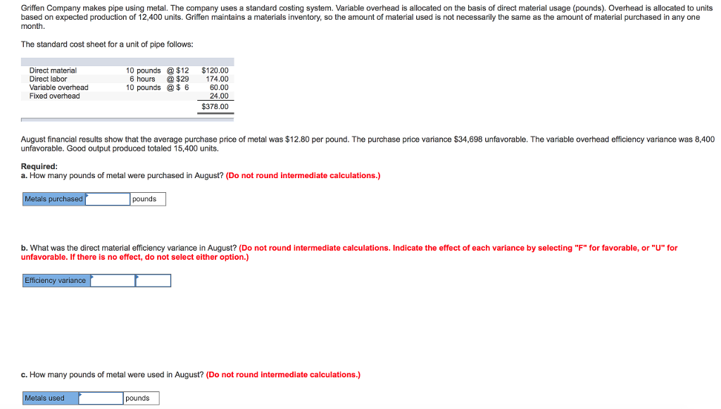 Solved Griffen Company makes pipe using metal. The company | Chegg.com