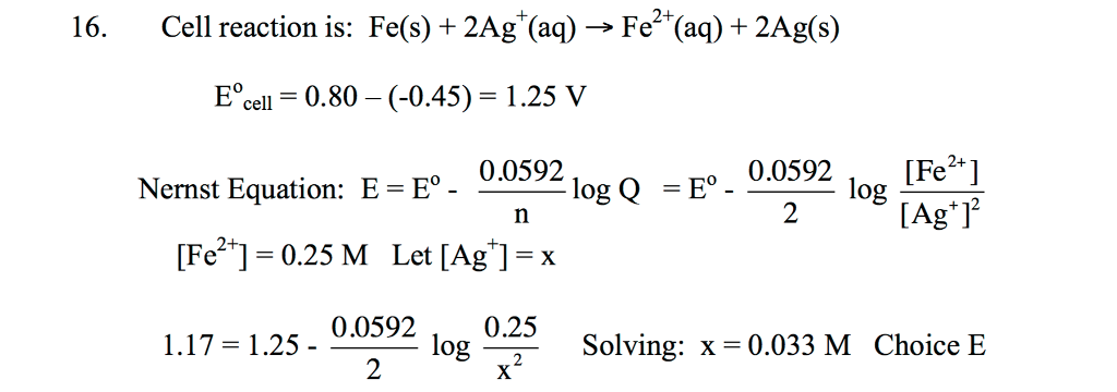 Solved 16 Cell Reaction Is: Fe(s) 2ag (aq) 2+. 2ag(s) Fee 