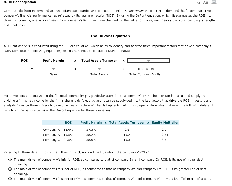 Solved 8. DuPont Equation Aa Aa Corporate Decision Makers | Chegg.com