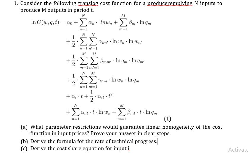 Consider the following translog cost function for a