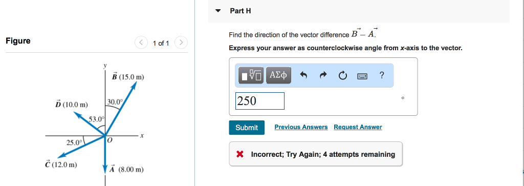 Solved Part H Find the direction of the vector difference B | Chegg.com