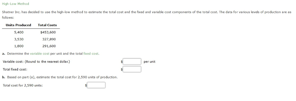 Solved Shatner Inc. has decided to use the high-low method | Chegg.com