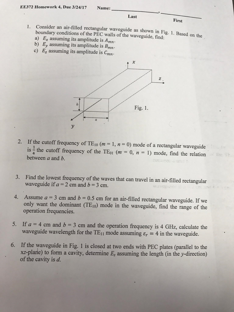 Solved Consider an air-filled rectangular waveguide as shown | Chegg.com