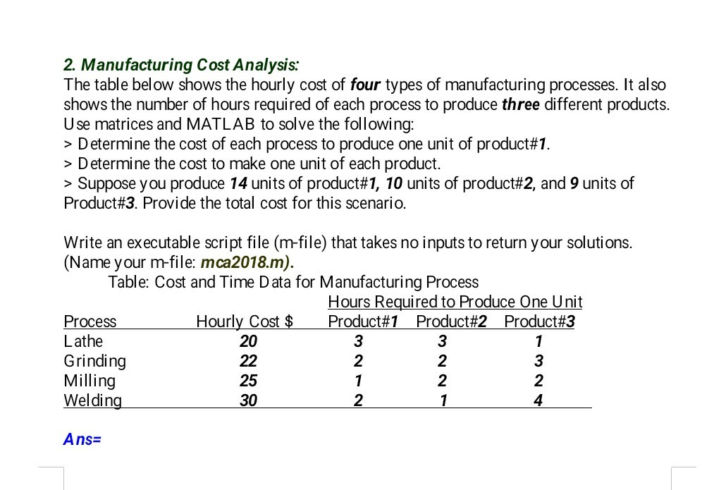 Solved 2. Manufacturing Cost Analysis. The table below