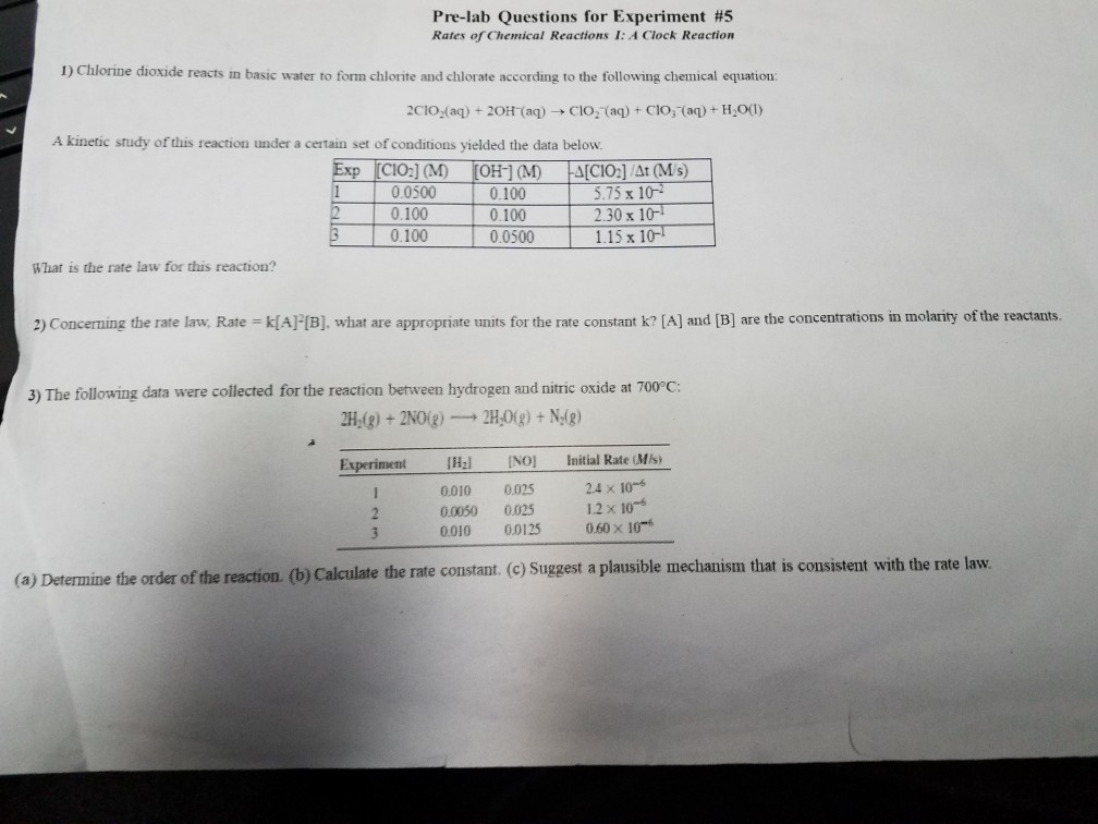 Solved Prelab Questions for Experiment 5 Rates of Chemical