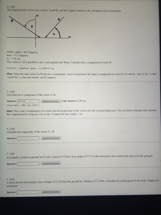 Solved The diagram below shows two vectors, A and B, and | Chegg.com