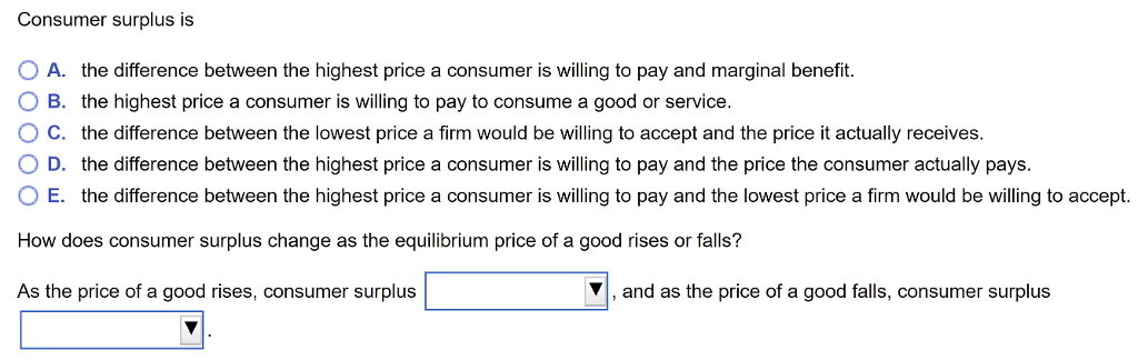 Solved Consumer surplus is 0 A, the difference between the | Chegg.com