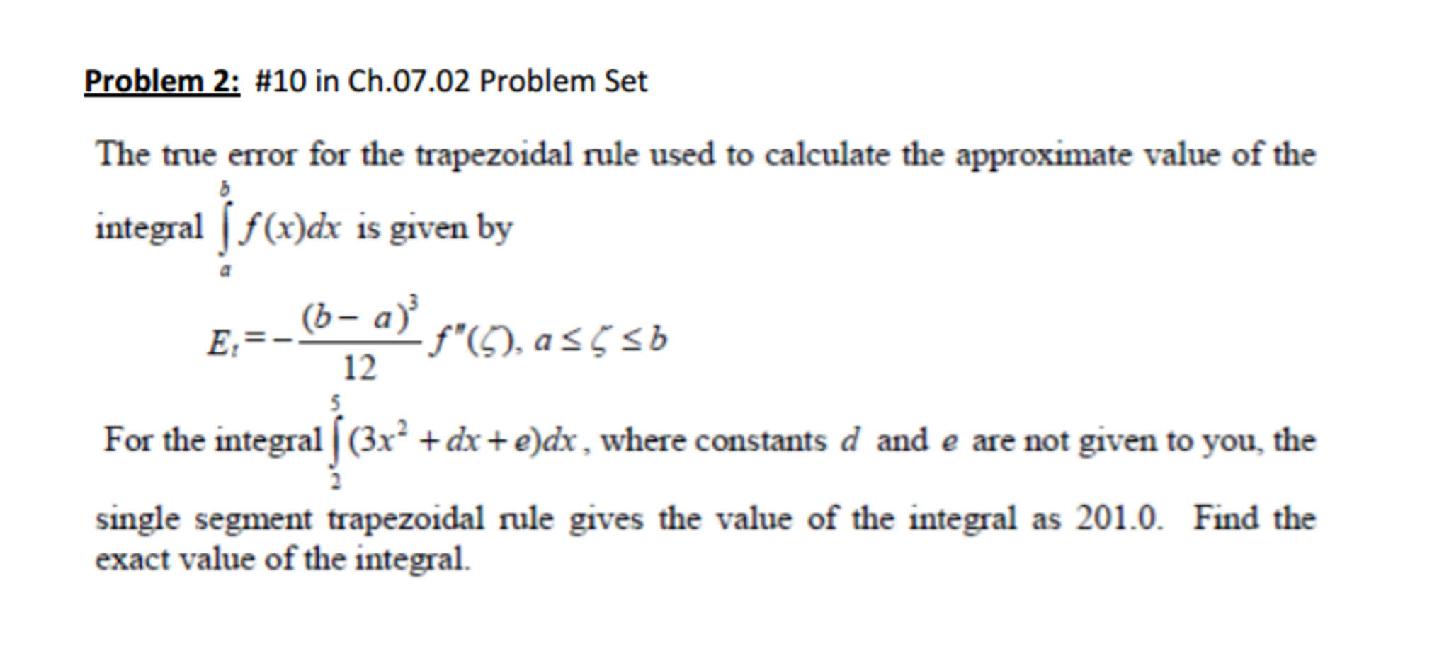 The true error for the trapezoidal rule used to