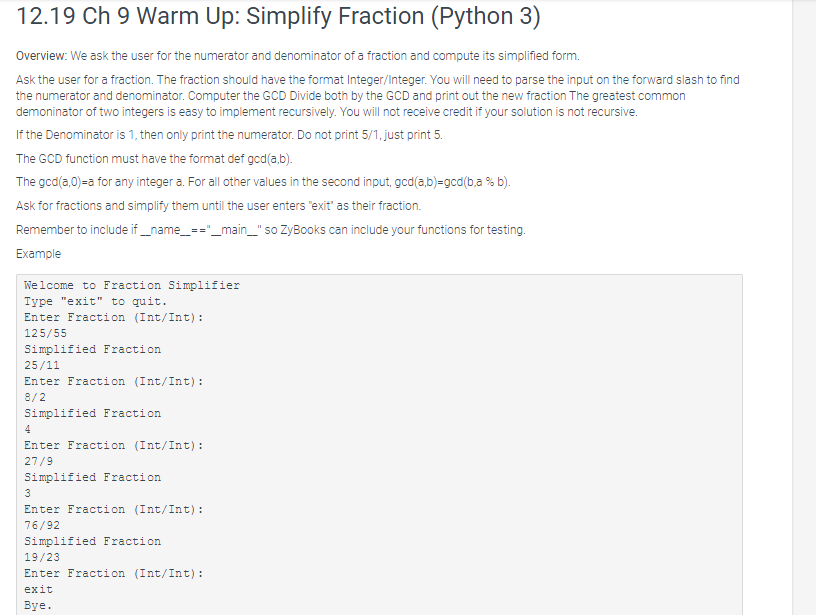 Solved 12.19 Ch 9 Warm Up: Simplify Fraction (Python 3) | Chegg.com