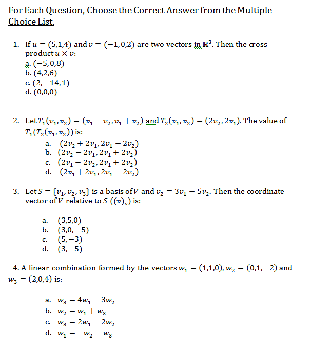 Solved For Each Question Choose The Correct Answer From The