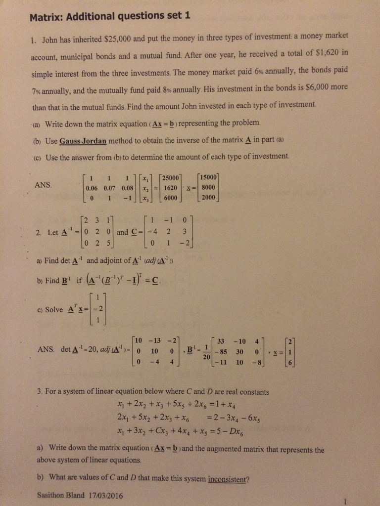 Solved Matrix: Additional questions set 1 1. John has | Chegg.com