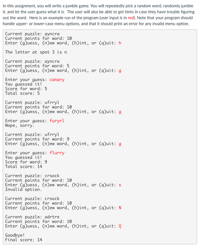 In this assignment, you will write a jumble game. You | Chegg.com