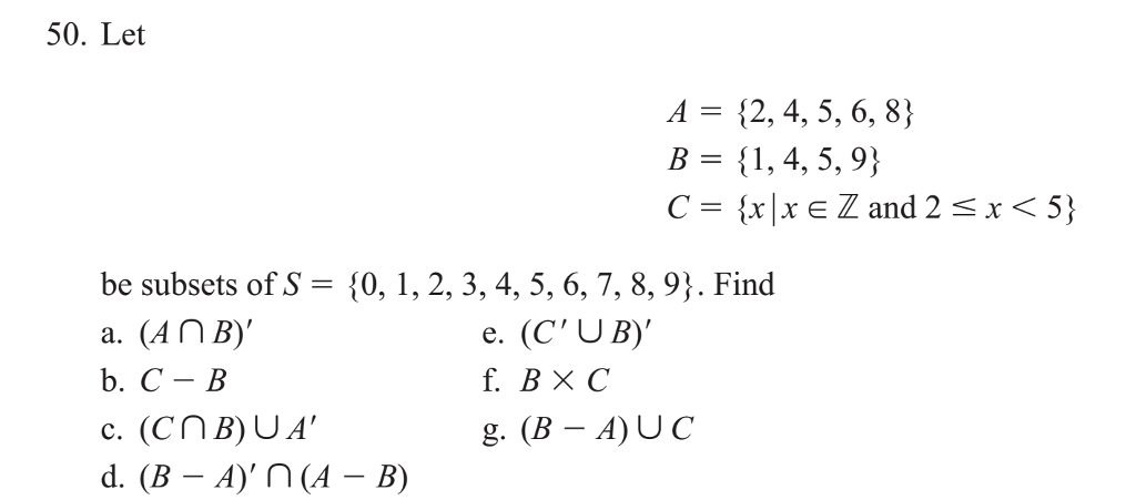 Solved 50. Let A={2, 4, 5, 6, 8} B= {1,4,5,9} be subsets of | Chegg.com