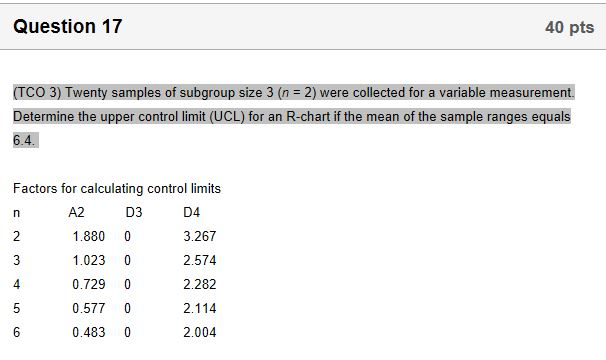 Solved Twenty samples of subgroup size 3 (n = 2) were | Chegg.com