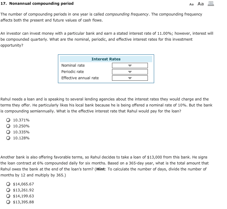 Solved 17. Nonannual compounding period Aa Aa The number of | Chegg.com