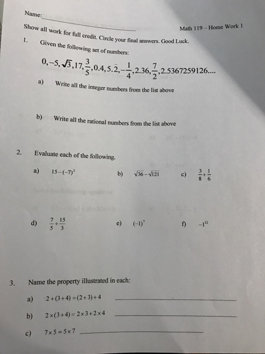 Solved Name: Show all work for full credit. Circle your | Chegg.com