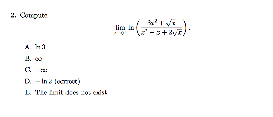 Solved lim ln [ A. In 3 C0 x) D. -In 2 (correct) E. The | Chegg.com