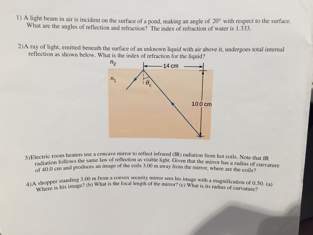 Solved ght beam in air is incident on the surface of a pond, | Chegg.com