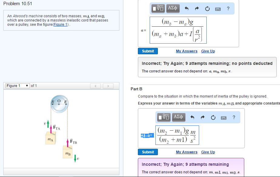 Solved An Atwood's machine consists of two masses, mA and | Chegg.com