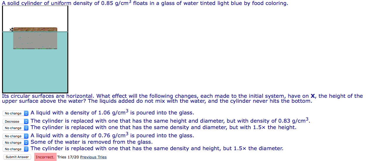 Solved A solid cylinder of uniform density of 0.85 g/cm^3