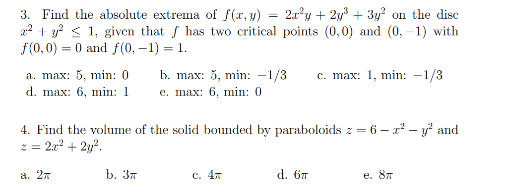 Solved 3. Find The Absolute Extrema Of F(x,y)-2x2y+ 2y3 +3y2 