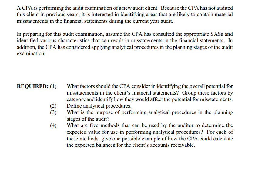 Solved A CPA Is Performing The Audit Examination Of A New | Chegg.com