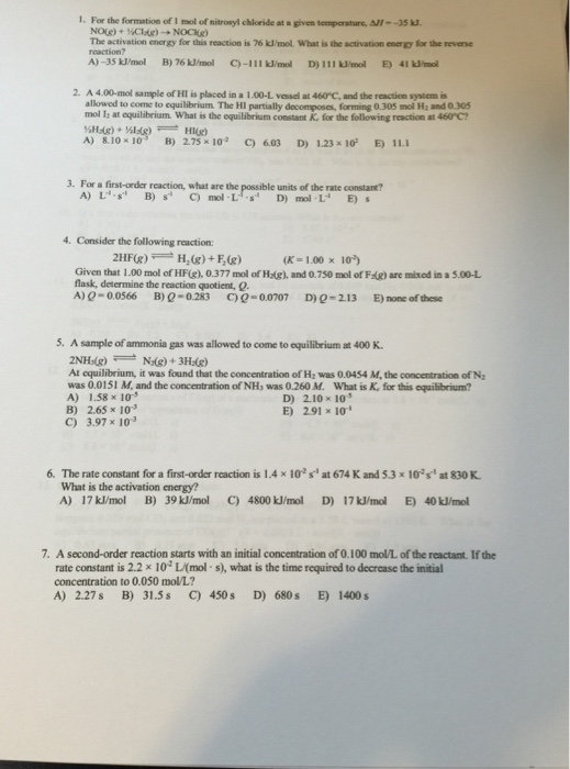 Solved For the formation of 1 mol of nitrosyl chloride at a | Chegg.com