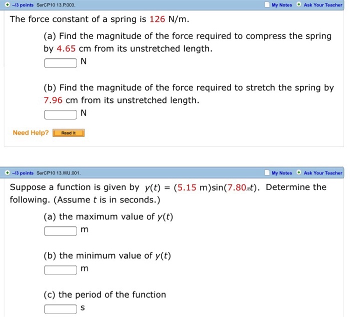Solved The force constant of a spring is 126 N/m. Find the