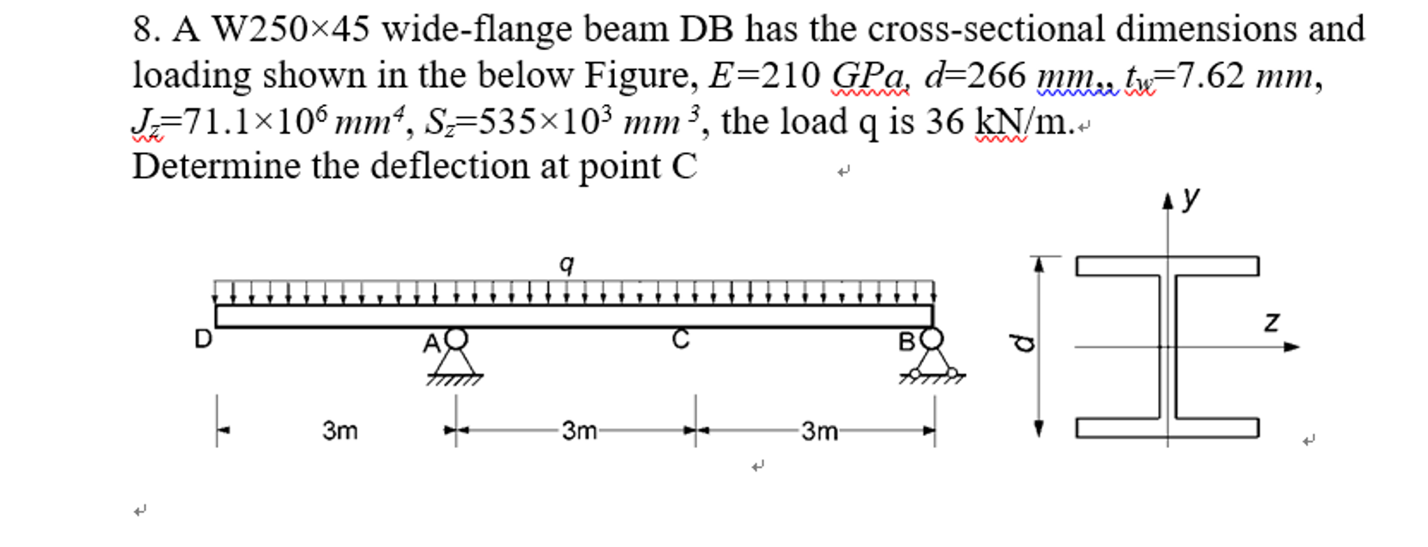 Solved A W250 x 45 wide-flange beam DB has the | Chegg.com