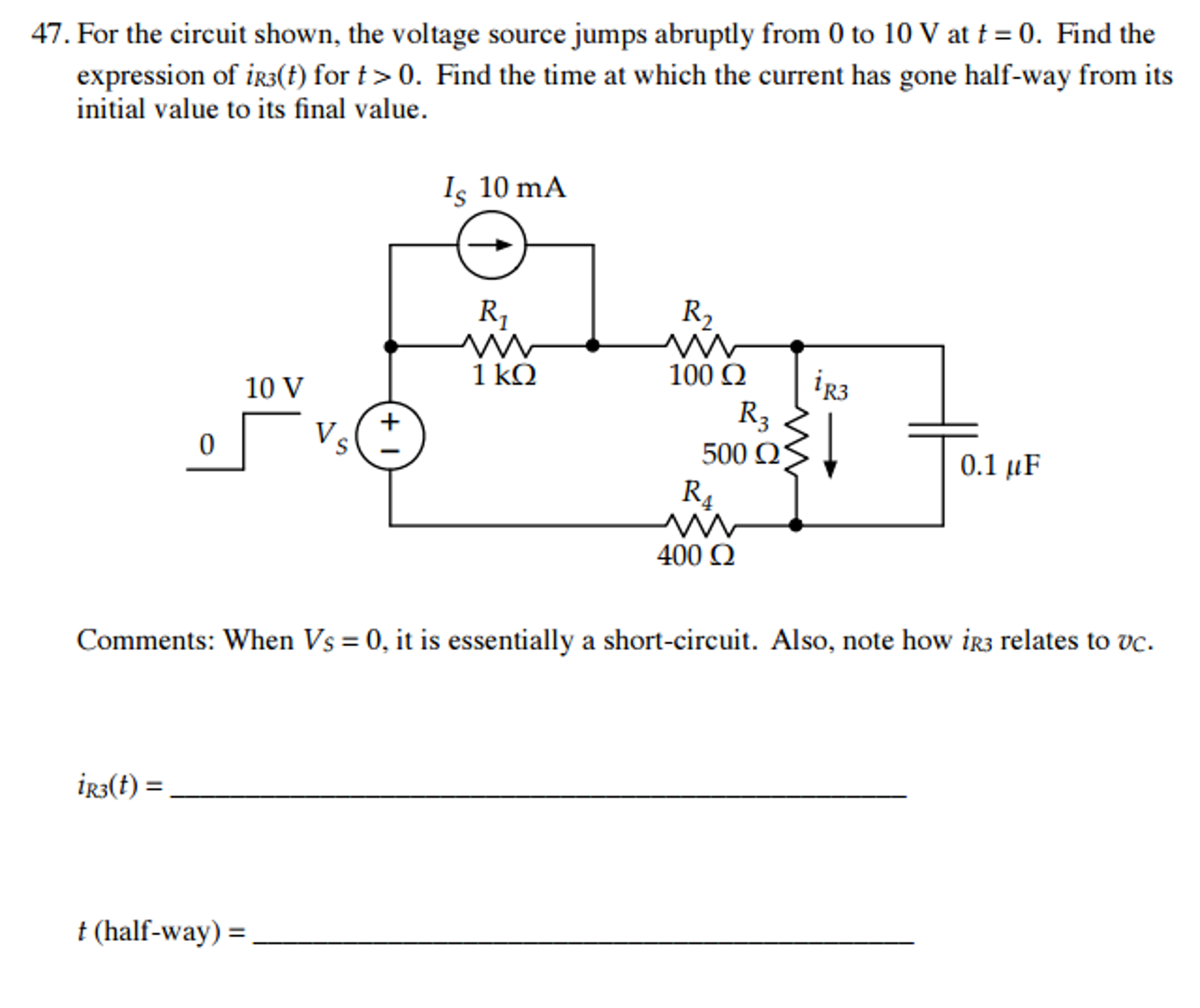 Solved 47. For the circuit shown, the voltage source jumps | Chegg.com