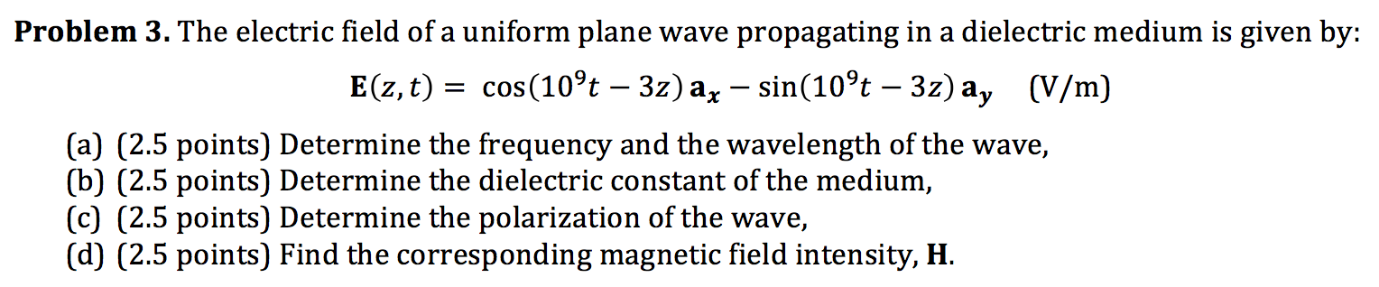Solved Problem 3. The electric field of a uniform plane wave | Chegg.com