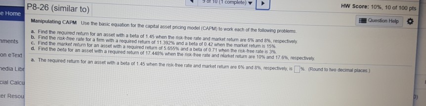 Solved Manipulating CAPM Use the basic equation for the | Chegg.com