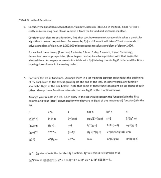 Solved CS344 Growth of Functions 1. Consider the list of | Chegg.com