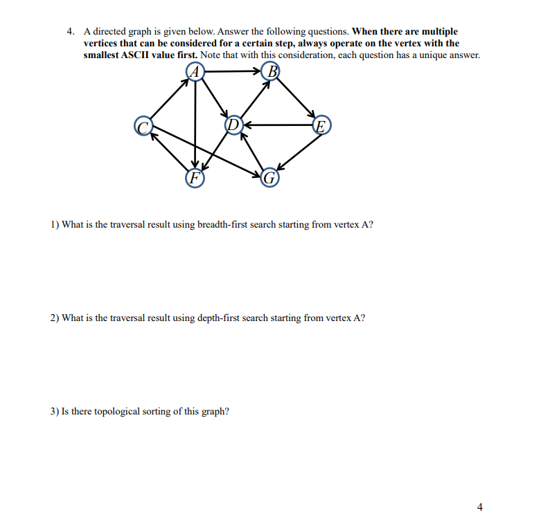 Solved 4. A directed graph is given below. Answer the | Chegg.com