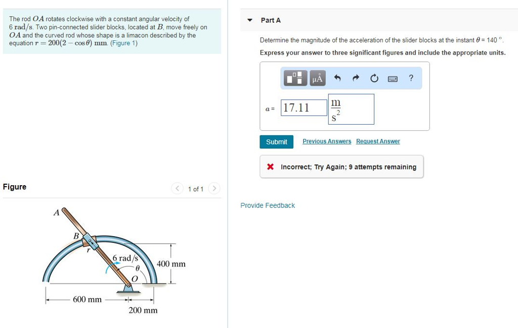Solved The rod OA rotates clockwise with a constant angular | Chegg.com