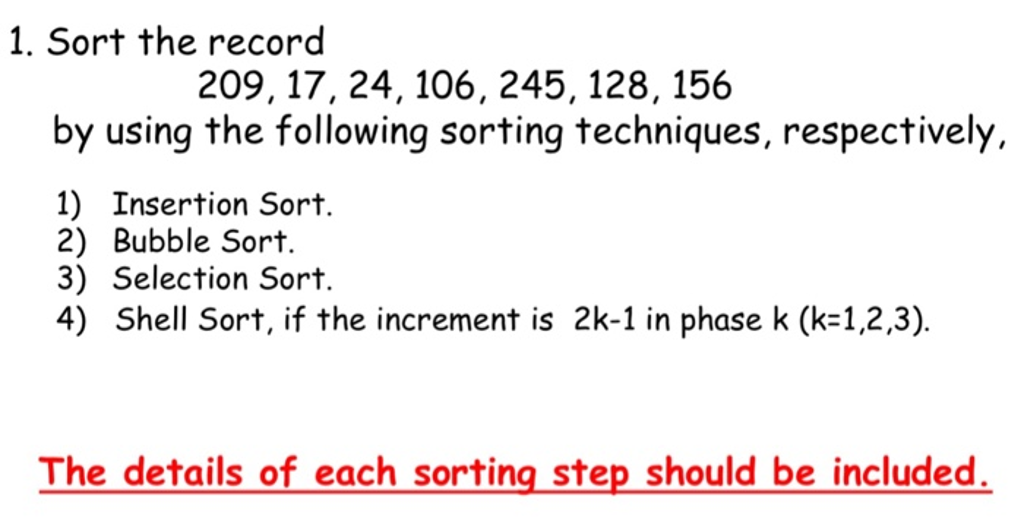 Solved 1. Sort the record 209, 17, 24,106, 245,128, 156 by | Chegg.com