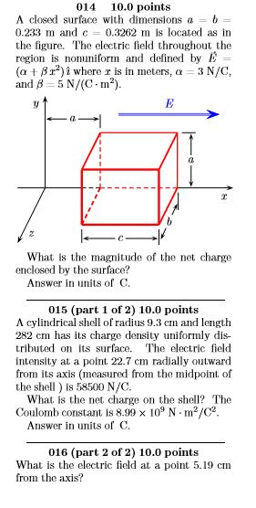 Solved A closed surface with dimensions a = b = 0.233 m and | Chegg.com