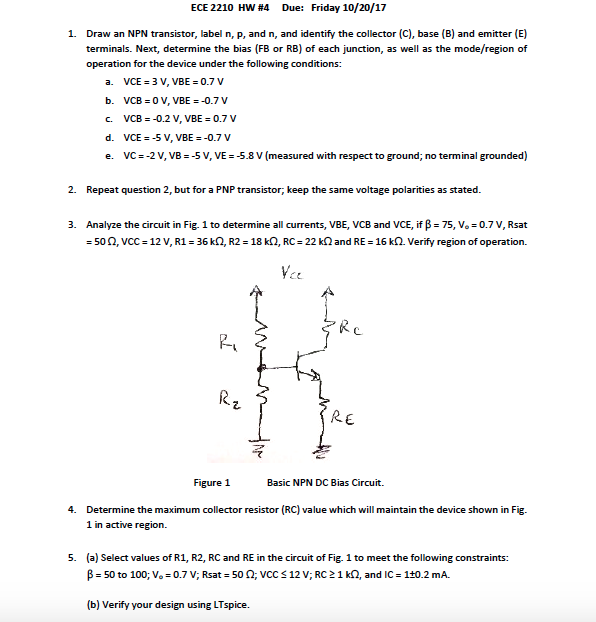 Solved ECE 2210 HW #4 Due: Friday 10/20/17 Draw an NPN | Chegg.com