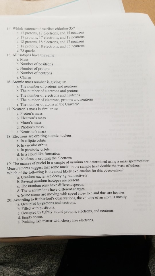 Solved 14. Which statement describes chlorine35? a. 17